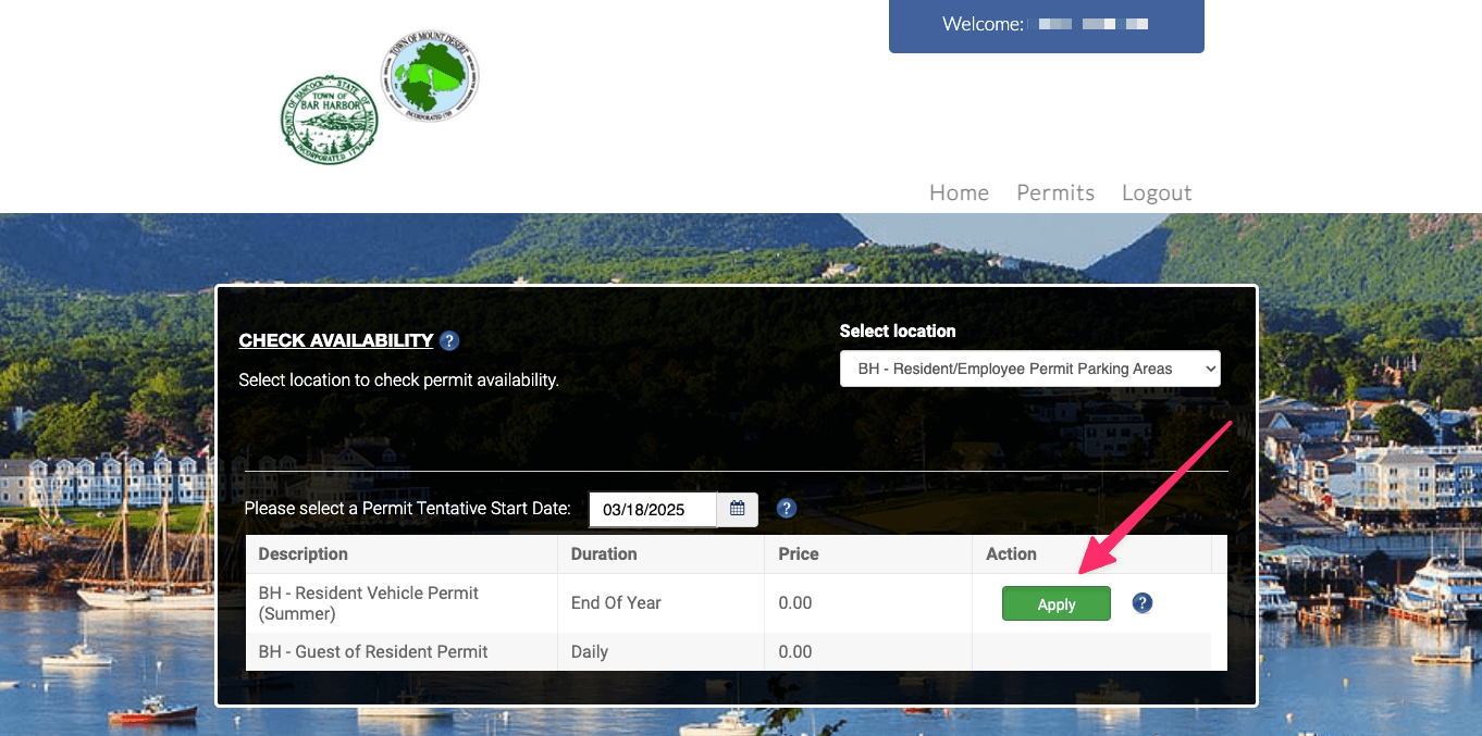 Apply for permit screen